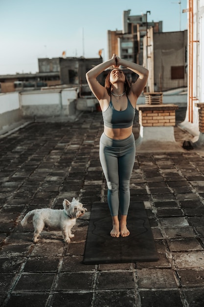 Entspannte Frau, die Yoga-Stretching-Übungen auf einem Dach praktiziert und von ihrem Hund unterstützt wird.