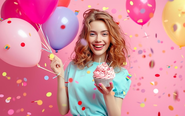Entspannte, glückliche Geburtstage Frauen, die fröhlich aussehen, lächeln und einen Geburtstagskuchen und Ballons halten