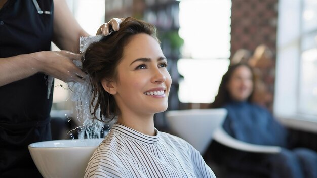 Entspannte junge Frau genießt es, ihr Haar im Salon zu waschen