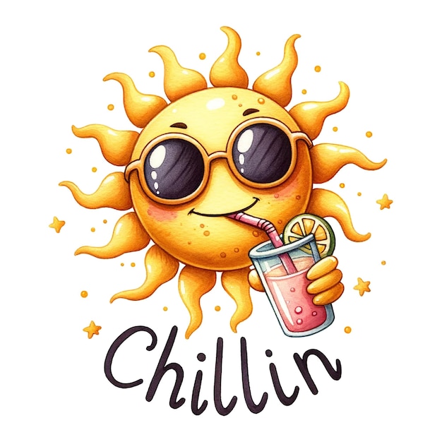 Entspannte Sonne mit Sonnenbrille, nippt an einem kühlen Getränk mit Zitronenscheibe, umgeben von funkelndem Chillin-Zitat