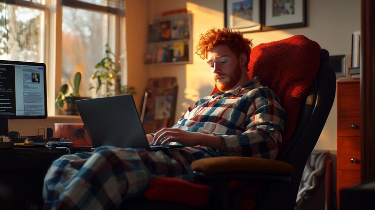 Entspannter Mann arbeitet bei Sonnenuntergang am Laptop in einem gemütlichen Heimbüro