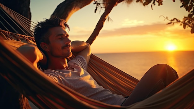 Foto entspannter mann auf der hängematte am meer während des schönen sonnenuntergangs entspannendes konzept