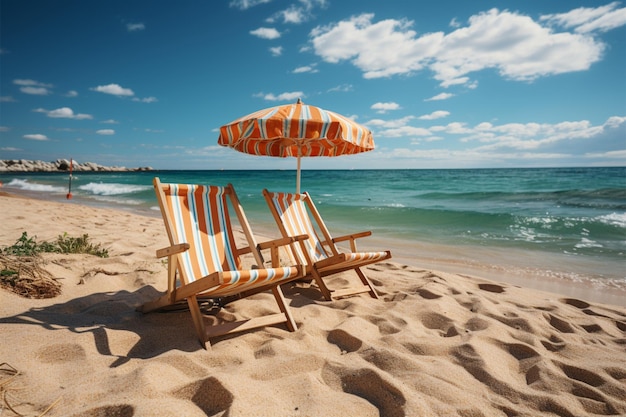 Entspannung am Meer Liegestühle auf weißem Sand unter blauem Himmel, der sich im Sonnenlicht sonnt