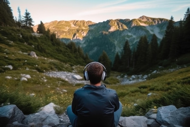 Entspannung in den Bergen Junger Mann mit Kopfhörern sitzt und hört Musik Generative KI