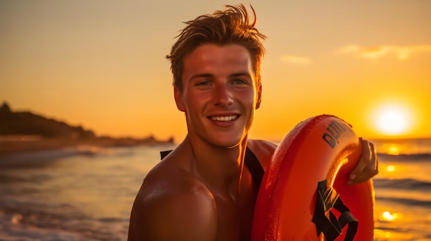 Entusiasmado jovem salva-vidas segurando uma bóia de resgate na praia