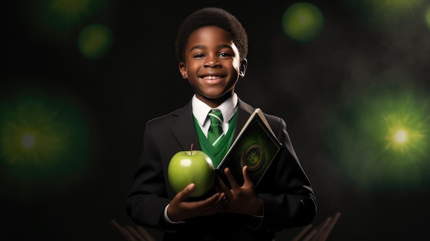 el entusiasmo de un joven negro en uniforme escolar sosteniendo libros y una manzana verde irradiando la emoción de volver a la escuela