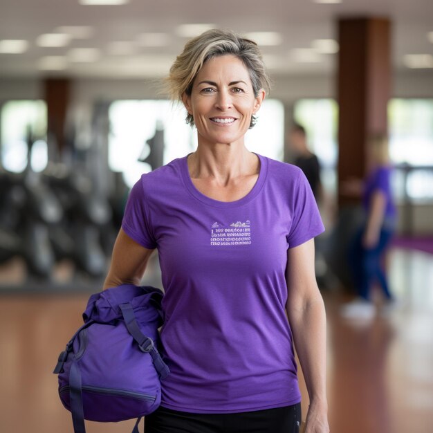 Foto entusiasmo mulher de meia-idade fitness pronta para começar sua aula de fitness radiante e feliz