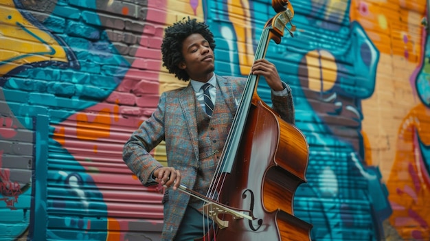 Foto entusiasta adolescente miembro de una banda de jazz tocando el contrabajo frente a un vibrante telón de fondo de graffiti