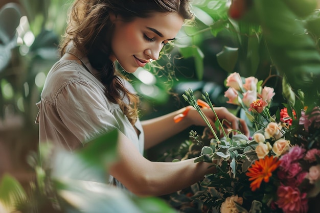 Un entusiasta del bricolaje que arregla felizmente flores coloridas y vegetación para crear impresionantes arreglos florales para eventos especiales