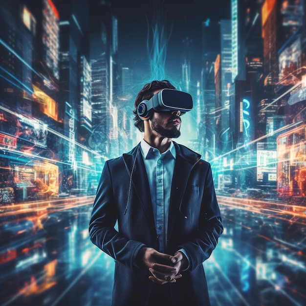 Entusiasta de realidade virtual imerso em um mundo virtual cativante