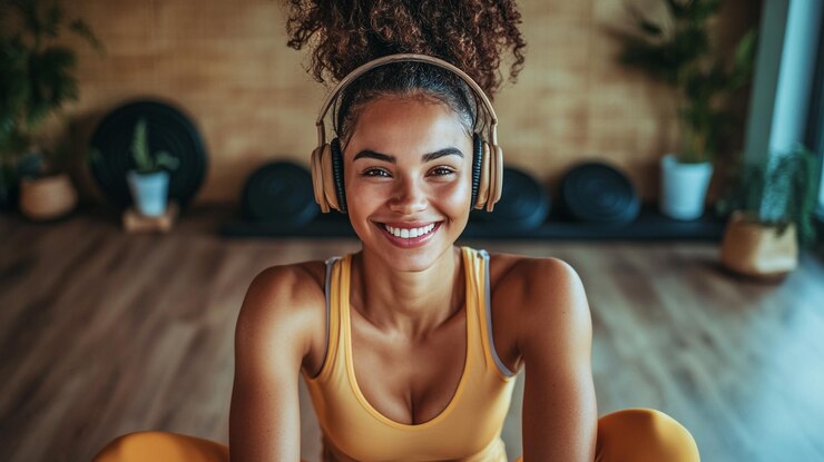 Un entusiasta del fitness sonriente disfruta del entrenamiento en un gimnasio bien iluminado con auriculares