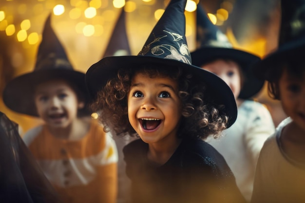 Entusiasta niña de 5 años en disfraz de Halloween sonriendo de oreja a oreja con sus amigos ligeramente borrosa en el fondo en una fiesta festiva de niños IA generativa