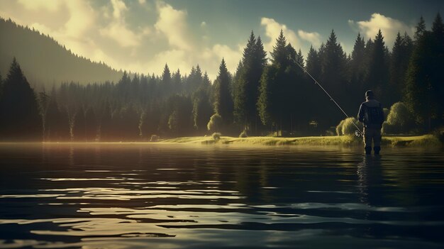 Un entusiasta de la pesca junto a un lago sereno