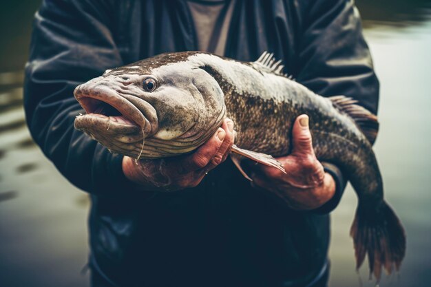 Un entusiasta pescador exhibe con orgullo un bagre trofeo que atrapó durante una expedición de pesca de verano por el río que simboliza la emoción del deporte