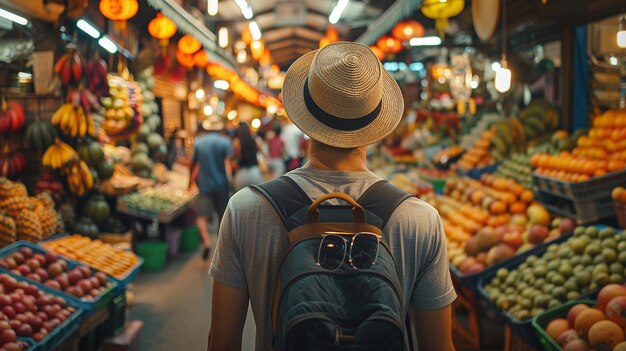 Foto entusiasta de los viajes explorando un mercado bullicioso en un país extranjero