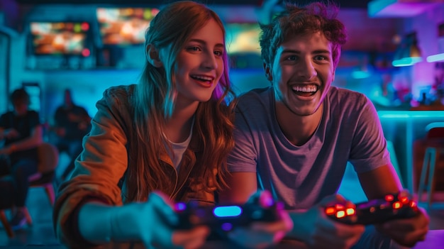 entusiasta de los videojuegos jóvenes emocionados jugando videojuegos juntos en una sala de juegos