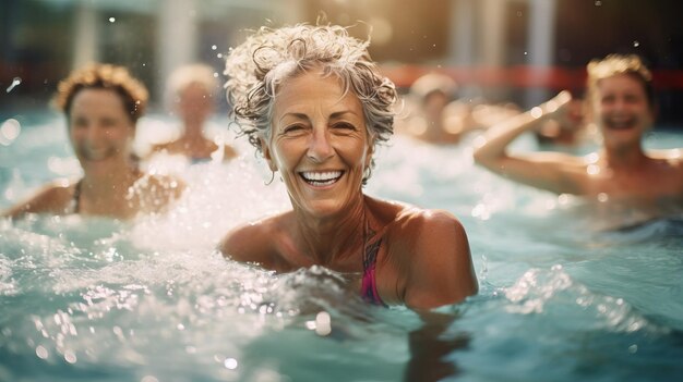 Los entusiastas del fitness realizan aeróbicos acuáticos en una piscina