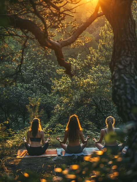 Foto los entusiastas del yoga practicando en un sereno bosque sueco con las actividades de vacaciones de los vecinos en el fondo