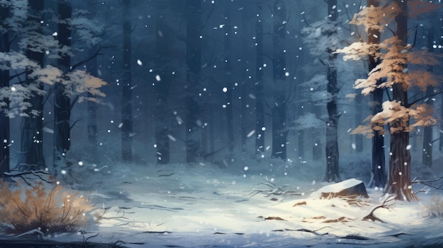 Entwerfen Sie ein Bild eines Winterwaldes mit einem sanften Schneefall, der Boden und Bäume bedeckt