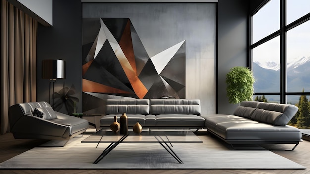 Entwerfen Sie ein modernes Wohnzimmer mit einem eleganten schwarzen Leder-Sofa, einem Glas-Coffee-Tisch und einem auffallenden geometrischen Teppich Generative Ai