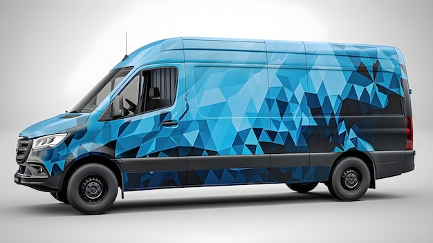 Entwerfen Sie ein realistisches Mockup mit abstrakten blauen geometrischen Grafiken für das Branding Konzept Fahrzeug Branding Abstrakte Grafiken Realistische Mockup Blaue geometrische Muster