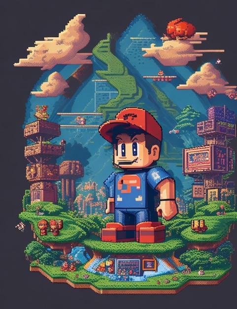 Entwerfen Sie ein T-Shirt mit einem 8-Bit-Charakter im Vintage-Stil in der Mitte, umgeben von einem verpixelten Bild