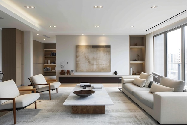 Entwerfen Sie ein Wohnzimmer mit minimalistischer Dekoration featuri generative ai