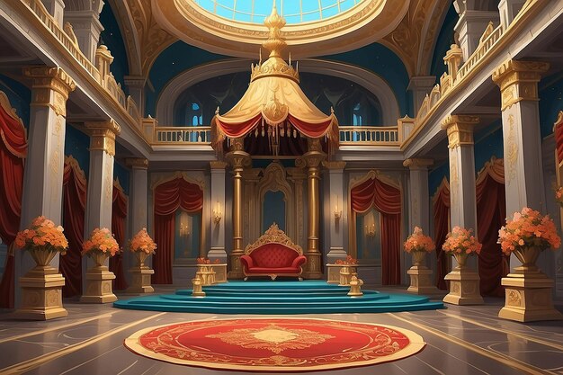 Entwerfen Sie eine großartige und opulente Karikatur im Innenraum des Königspalastes mit einem prächtigen Thronsaal