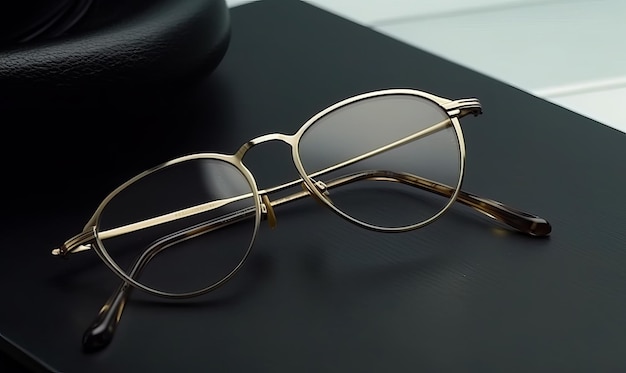 Entwerfen Sie eine modische und retro Metallbrille Eine Brille, die auf einem Tisch sitzt