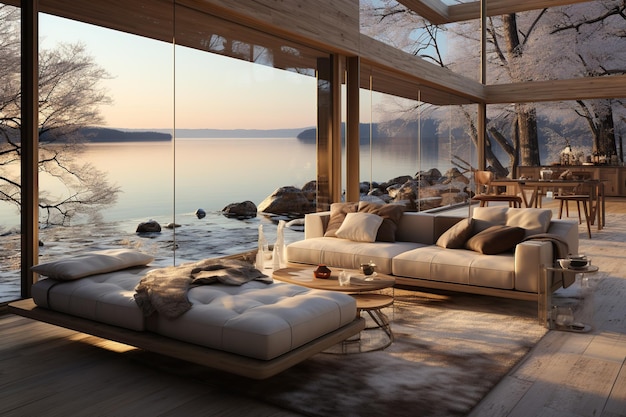 Entwerfen Sie eine nordische Villa am Wasser mit großen Glasscheiben, um den Innenraum mit der malerischen Landschaft zu verbinden