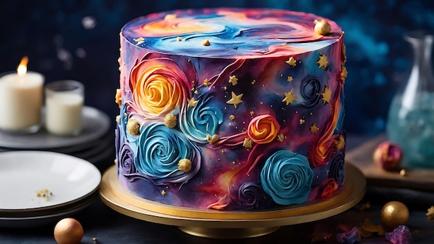 Entwerfen Sie eine Torte, die die Schönheit des Kosmos einfängt. Geburtstagstortendesign mit generativer KI