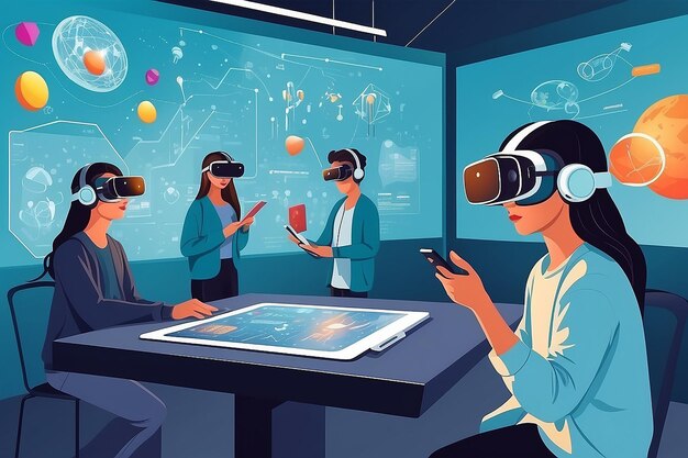 Entwerfen Sie eine Vektorgrafik von Schülern, die VR-Technologie verwenden, um wissenschaftliche Konzepte in einer virtuellen Umgebung zu erforschen.