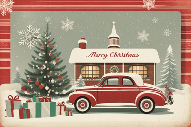 Entwerfen Sie eine Vintage-inspirierte Weihnachtskarte mit einer klassischen Ferienszene, die Elemente enthält