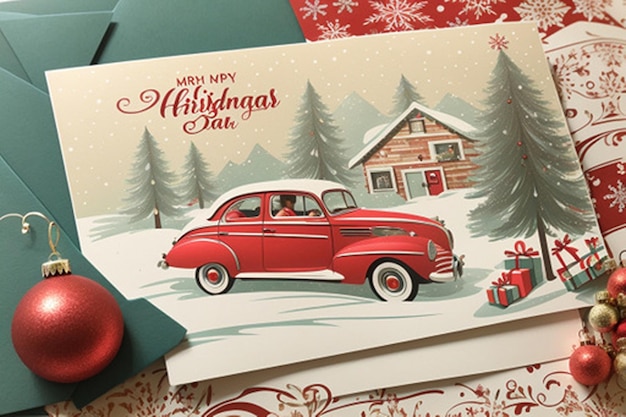Entwerfen Sie eine Vintage-inspirierte Weihnachtskarte mit einer klassischen Ferienszene, die Elemente enthält