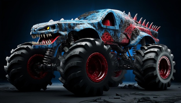 Foto entwerfen sie einen monster truck mit einem tropischen paradies-thema. verwenden sie lebendige farben, tiki-masken und surfbretter als teil des truck-designs, um eine lustige und strandliche atmosphäre zu schaffen.