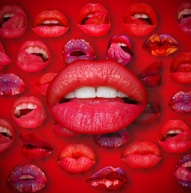 Entwerfen Sie Kunstwerke mit sinnlichen Lippen, abstrakte sexy Lippe auf roten Hintergrundlippen und Mund, weibliche Lippe in Re