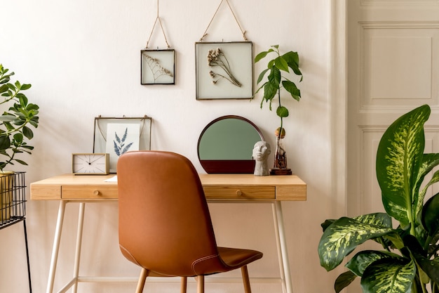 Entwerfen Sie skandinavisches Interieur des Home-Office mit vielen Mock-up-Fotorahmen, Holzschreibtisch, vielen Pflanzen, Spiegel, Büro und persönlichen Accessoires Stilvolles neutrales Homestaging. Vorlage.