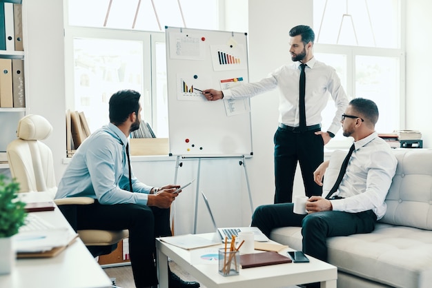 Entwicklung einer neuen Strategie. Junger moderner Mann in formeller Kleidung, der eine Geschäftspräsentation mit Flipchart durchführt, während er im Büro arbeitet working