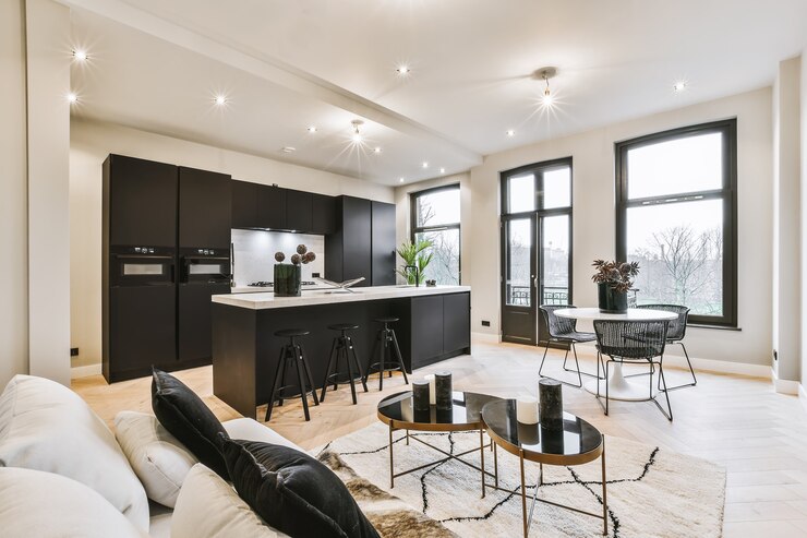 Foto entworfen in einem minimalistischen wohnzimmer-interieur