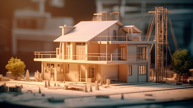 Entwürfe und ein Hausmodell für ein Bauprojekt Hintergrund in Immobilien Wohnprojekt Bau- und Konstruktionspläne für den Wohnungsbau Generative KI