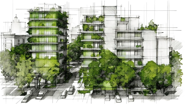 Entwurf einer Architekturplanung für ein Gebäude mit umweltfreundlichen Gebäuden und grünen Bäumen auf der Straße