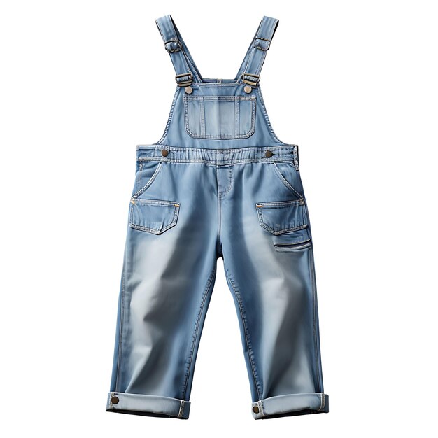 Entwurf von Overalls aus Denim mit verstellbaren Riemen und einem isolierten Rel auf weißem BG-Blank