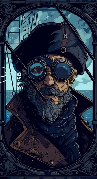 Entwurf von Piratenkapitän in Brille und Leder-Trenchcoat auf Rigged S Banner Anzeigen Poster Flyer Art