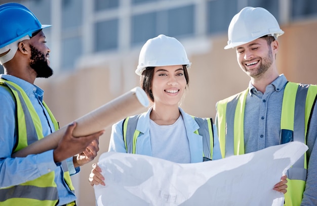 Entwurfsplanung und Konstruktion mit Personen auf der Baustelle für Teamwork-Gebäude und Architektur Treffen von Grundriss- und Projektmanagement mit einer Gruppe von Ingenieuren für Idee und Grafik