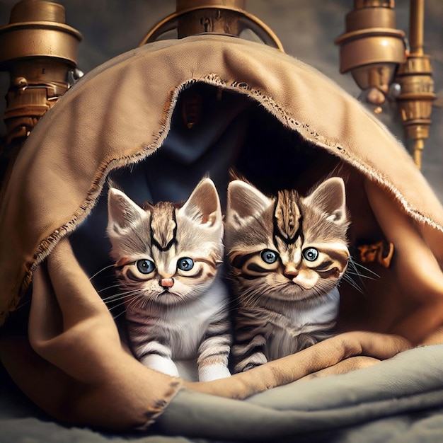 Entzückende 3D-Steampunk-Kätzchen, zusammengekuschelt in einer gemütlichen Deckenfestung
