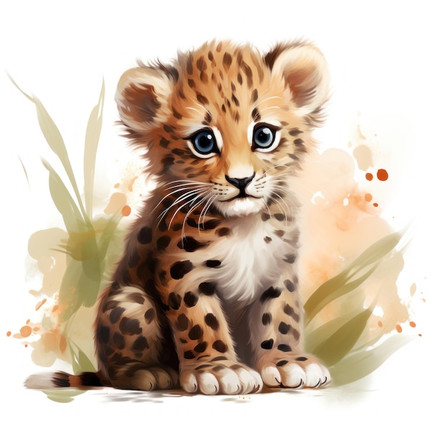 Entzückende Aquarell-Baby-Leoparden-Clipart auf weißem Hintergrund, KI generiert