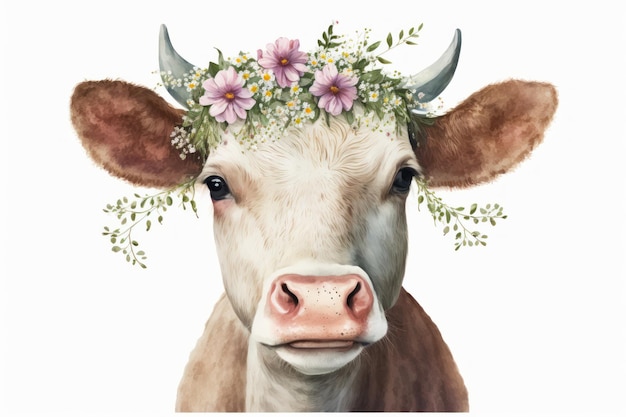Entzückende Aquarell-Kuh, die eine Blumenkrone auf weißem Hintergrund trägt