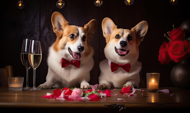 Entzückende Corgis mit Fliegen genießen ein Valentinstags-Date, umgeben von Rosen, die Wärme, Liebe und einen Hauch generativer Raffinesse ausstrahlen