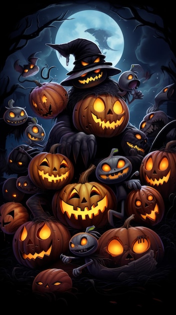 Entzückende Halloween-Monster mit Kürbissen und Fledermäusen