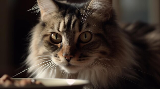 Entzückende Hauskatze mit braunem und weißem Fell, die Nahrung vom Teller auf verschwommenem Hintergrund isst